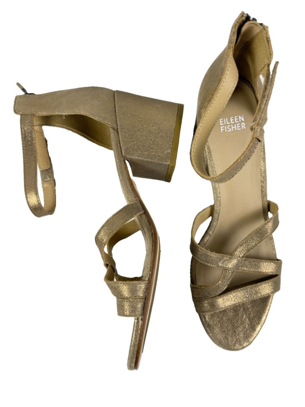 Eileen Fisher Jazzy Sandal Woman’s 9 Gold metallic Block Heel Strappy Zipper EUC